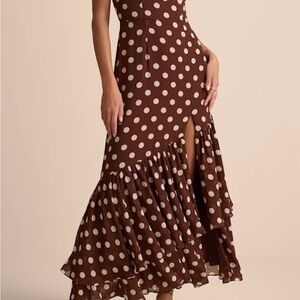 Lulus Raynelle Brown Polka Dot Lace-Up Tiered Maxi Dress